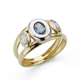 Sortija Oro Bicolor Piedra Doble Cuerpo Con Circonita Aguamarina Oval En Bocel. Ancho: 10 Mm