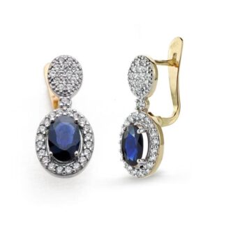 Pendientes Oro Bicolor Zafiro Azul 1.24 Qt Y Circonita 18X8 Mm Cierre Catalan