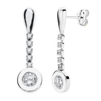 Pendientes Oro Blanco Largos Con Circonita 25X7 Mm Cierre Presion