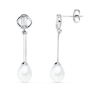 Pendientes Largos Oro Blanco Perla Cierre Presion