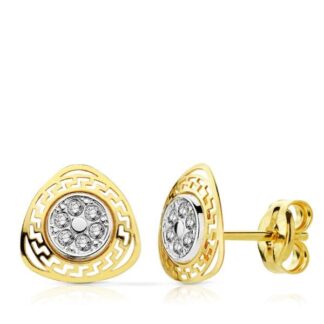 Pendientes Oro Bicolor Triangulo Calado Greca Con Circonitas. 8 X 8 Mm