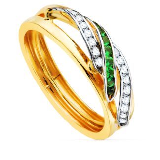 Sortija Oro Bicolor Bandas Con Circonita Blancas Y Verdes. Ancho: 6,5 Mm