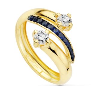 Sortija Oro Amarillo Bandas Con Circonitas Azules Y Blancas. Ancho: 14 Mm
