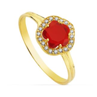 Sortija Oro Amarillo Con Estrella Y Circonita Roja. Ancho: 9 Mm