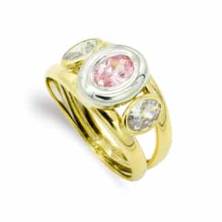 Sortija Oro Bicolor Piedra Doble Cuerpo Con Circonita Rosa Oval En Bocel. Ancho: 10 Mm