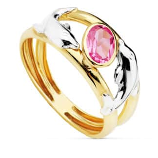 Sortija Oro Bicolor Doble Cuerpo Con Delfines Y Circonita Rosa Oval. Ancho: 10 Mm