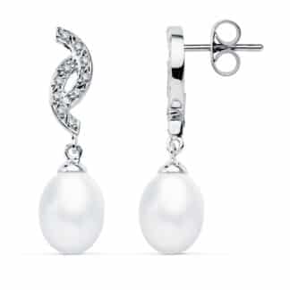 Pendientes Oro Blanco Perla 30X9 Mm Cierre Presion