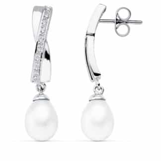 Pendientes Oro Blanco Perla 32X7 Mm Cierre Presion