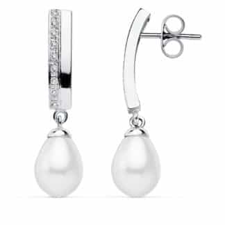 Pendientes Oro Blanco Perla 30X7 Mm Cierre Presion