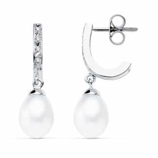 Pendientes Oro Blanco Perla 25X7 Mm Cierre Presion