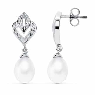 Pendientes Oro Blanco Perla 28X10 Mm Cierre Presion