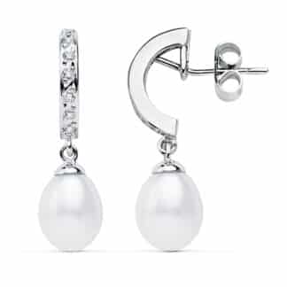 Pendientes Oro Blanco Perla 28X8 Mm Cierre Presion