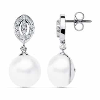 Pendientes Oro Blanco Perla 27X11 Mm Cierre Presion
