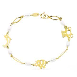 Pulsera Oro Amarillo Y Perla Con Motivos Animales 4.5 Mm Largo 16Cm