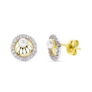 Pendientes Oro Bicolor Redondos Con Perla 3Mm Y Circonita 8 Mm Presion