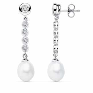 Pendientes Oro Blanco Perla 40X10 Mm Cierre Presion
