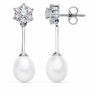 Pendientes Oro Blanco Perla 30X8 Mm Cierre Presion