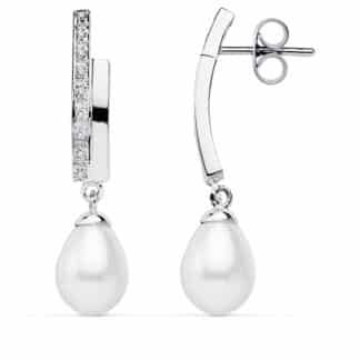 Pendientes Oro Blanco Perla 32X8 Mm Cierre Presion