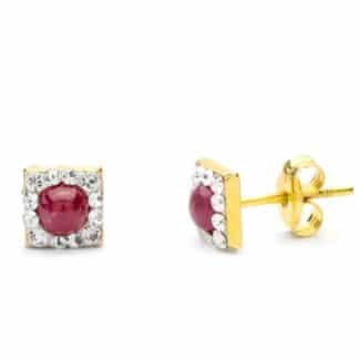 Pendientes Oro Amarillo Cuadrado Piedra Cabujon Redondo 4 Mm Y Circonitas 6X6 Mm. Cierre Presion