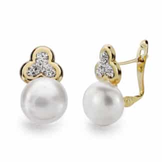 Pendientes Oro Amarillo Trebol Y Perla 16X9 Mm Cierre Catalan