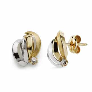 Pendientes Oro Bicolor Bandas Con Circonita 10X9 Mm Cierre Presion