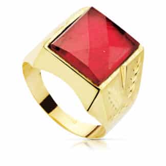 Sello Oro Amarillo Hueco Caballero Laterales Tallados Piedra Roja 13,5 X 11,5Mm
