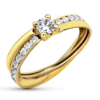 Sortija Oro Amarillo Bandas Con Circonita En Garra De 4Mm Y Circonitas En Carril.