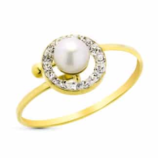 Sortija Oro Amarillo Ajustable Con Circonitas Y Perla De 4 Mm. Ancho: 8 Mm