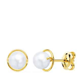Pendientes Oro Amarillo Redondos Con Perlas 5 Mm. Cierre Presion