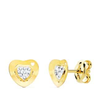 Pendientes Oro Amarillo Comunion Corazon Y Circonita 7X7 Mm Presion