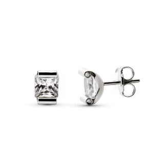 Pendientes Oro Blanco Garra Curva Circonita 4X4 Cierre Presion
