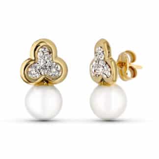 Pendientes Comunion Oro Amarillo Trebol Y Perla Cultivada 14X8 Mm Presion