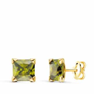 Pendientes Oro Amarillo 4 Garras Olivina Natural 6X6 Mm 2.30 Qts Presion
