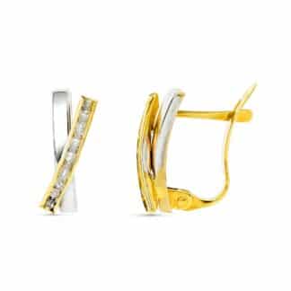 Pendientes Oro Bicolor Bandas Con Circonita 12X6 Mm Cierre Catalan