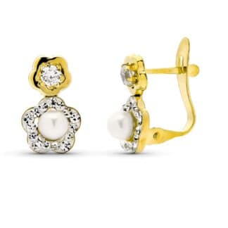 Pendientes Oro Bicolor Con Circonita Perla Cultivada 12X8 Mm Catalan