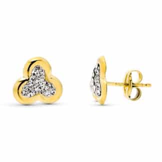 Pendientes Oro Amarillo Trebol Piedras 8X8 Mm Cierre Presion