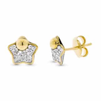 Pendientes Oro Bicolor Estrella Piedra Y 1/2 Bola 7Mm Presion