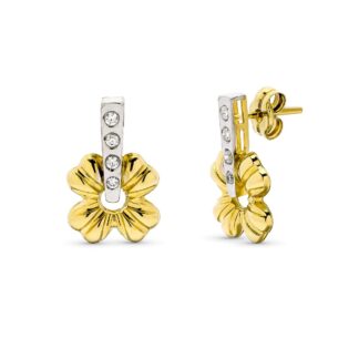 Pendientes Oro Bicolor Flor Con Circonitas En Carril. Cierre Presion