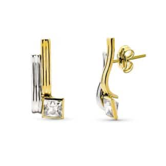 Pendientes Oro Bicolor Bandas Circonita 16X7 Mm Cierre Presion
