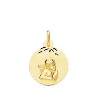 Medalla Oro Amarillo Redonda Angel Burlon Matizado Tallado 14 Mm