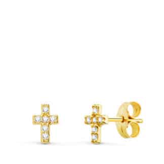 Pendientes Oro Amarillo Cruz Diamantes 0.06 Cts Si-H 6X4 Mm Presion