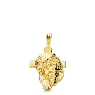 Colgante Colgante Oro Amarillo Cabeza De Cristo Con Cruz. 26X18 Mm