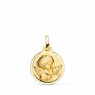 Medalla Oro Amarillo Angel Niño Burlon Con Pajaro Bisel 16 Mm